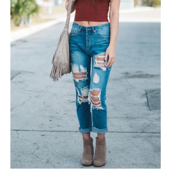 High Waisted Distressed Boyfriend Jeans - Picture 4 of 5